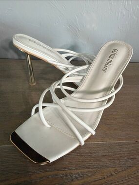 Olivia Miller White Multi-Strap Square-Toe Heeled Sandals with Gold Heel